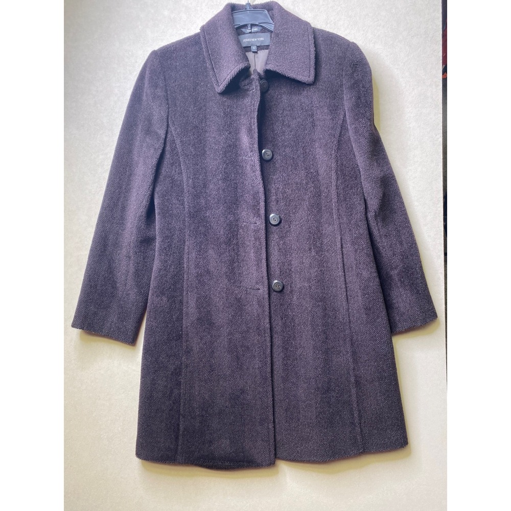 Jones New York Women Plum Wool Blend Button Front Car Coat Size 8